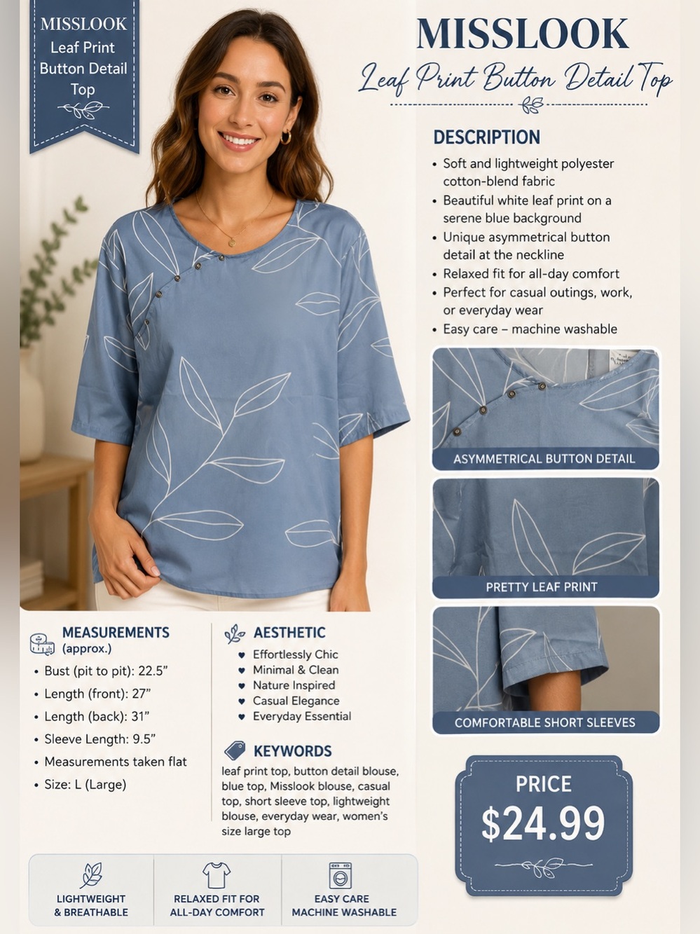MISSLOOK Blue Short-Sleeve Tunic with White Leaf Print